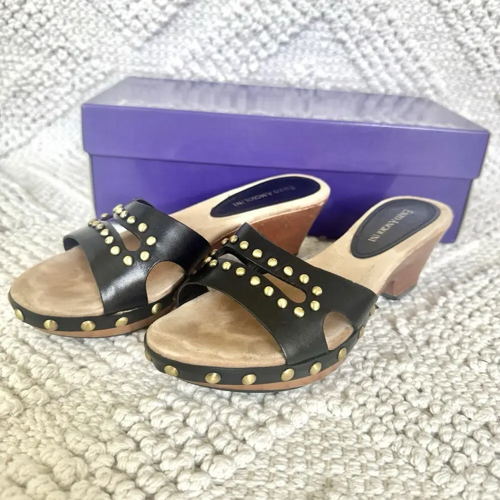Enzo Angiolini Womens 5.5 Black Sandals Wood Heel Slide On Strap Fashion Y2k 90s